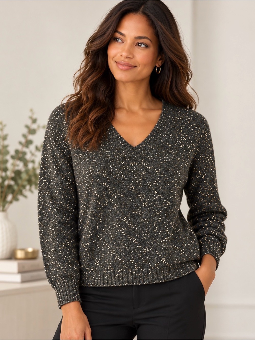 LOFT Gold Speckled Metallic V-Neck Sweater Gray Size Small NWT